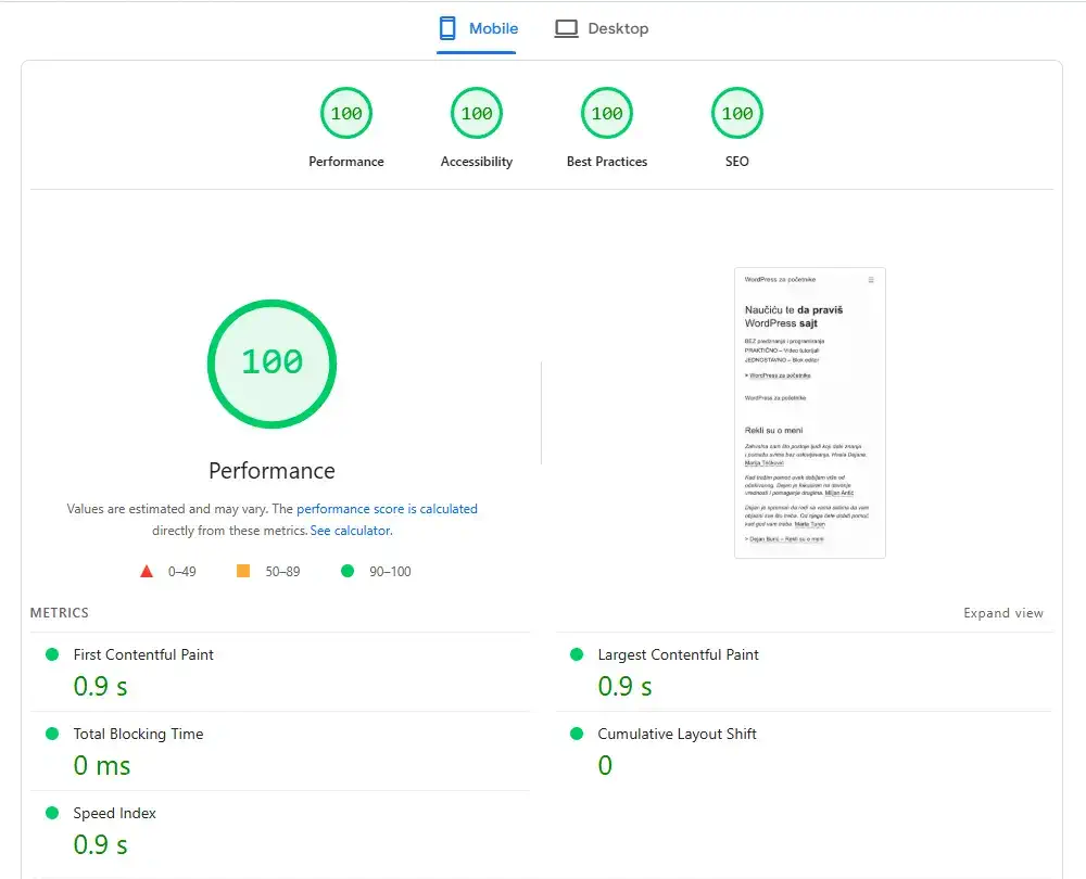 WordPress za početnike 1 Brzina naslovne stranice